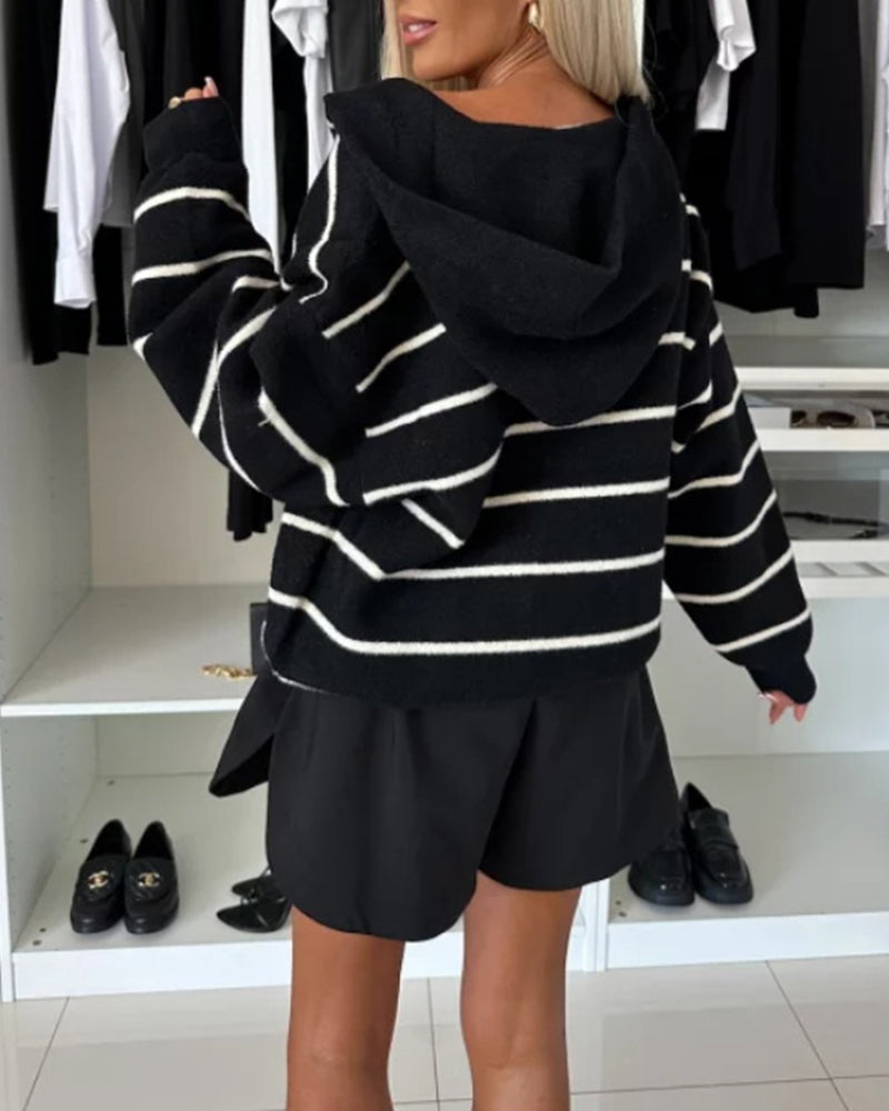 Veste boutonnée à capuche avec poches décontractées à rayures